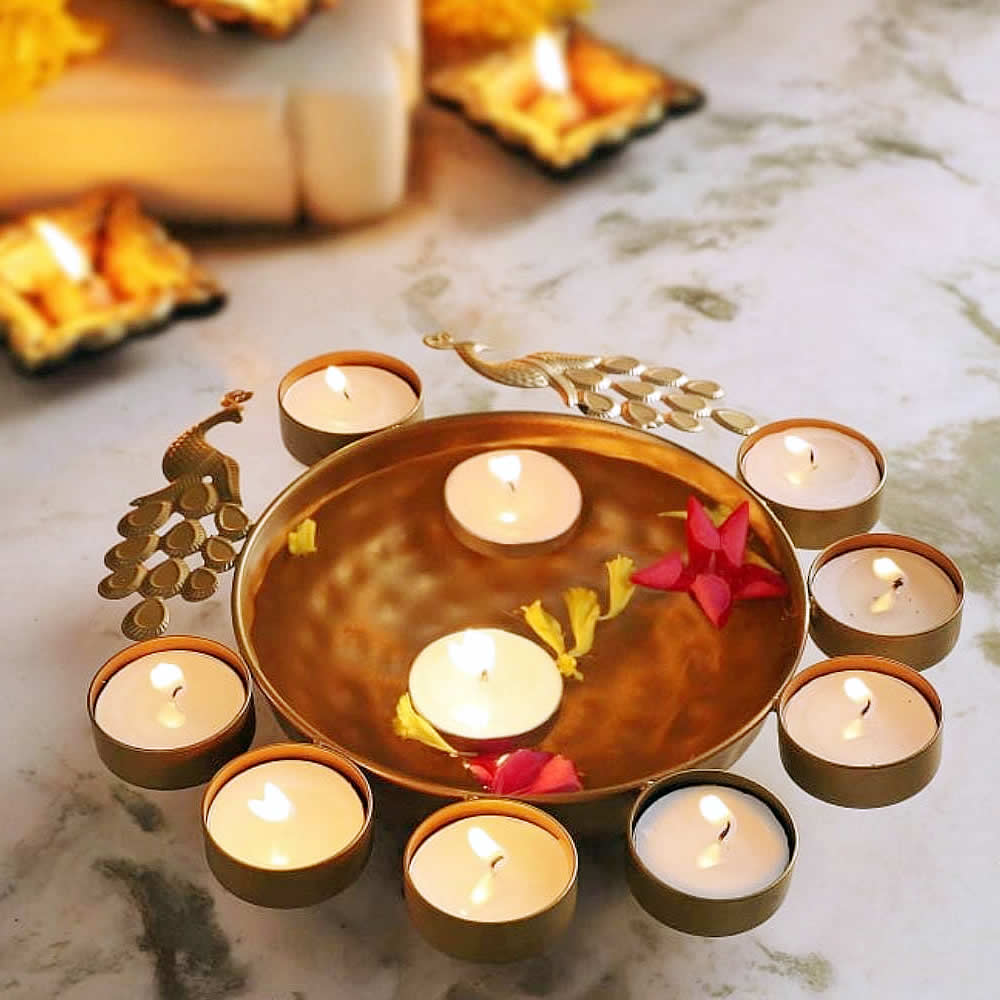 Brass Urli With Cental Peacock Design, Bowl for Floating Flowers and T - Light Candles Home, Office and Table Decor Brass Urli With Cental Peacock Design, Bowl for Floating Flowers and T - Light Candles Home, Office and Table Decor